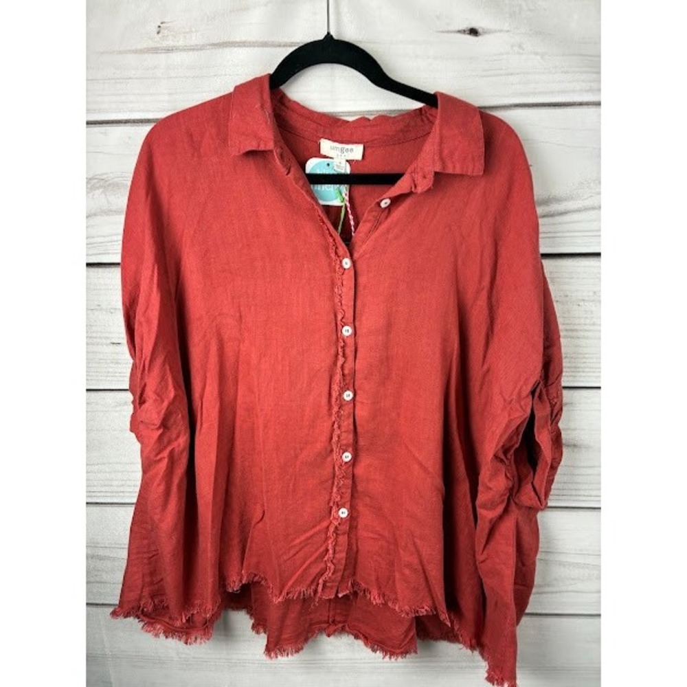 Umgee Rosewood Red Frayed Placket Button Down Roll Tab Sleeve Top Small NWT